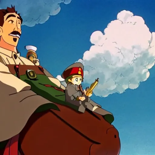 Prompt: Joseph Stalin plays Howl in Studio Ghibli’s ‘Howl’s Moving Castle,’ anime still, Studio Ghibli style, 4k, 8k, detailed