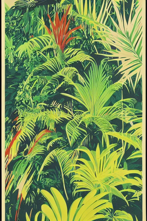 Prompt: New Zealand subtropical rainforest poster designed by Emmet McBain, 1960s