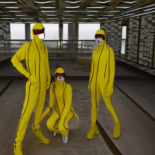 Image similar to futuristic world with people wearing yellow jump suits, 8 k resolution, cinematic lighting, anatomically correct