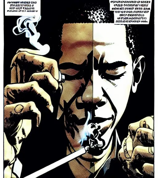 Prompt: a scene of barack obama smoking a blunt, comic book art, by yoji shinkawa and takehiko inoue and kim jung gi, masterpiece, perfect