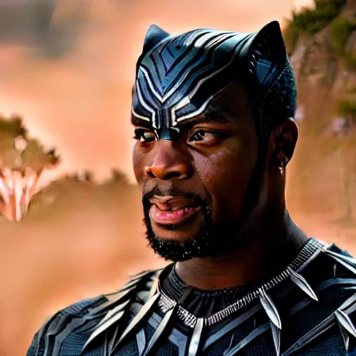 Image similar to cinematic still of kirk lazarus from tropic thunder as black panther