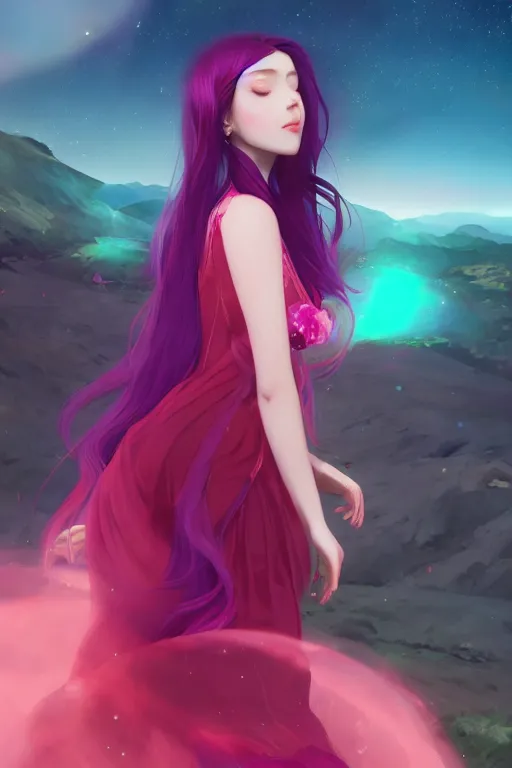 Prompt: 4k centered detailed portrait of a beautiful intimate woman with long purple cosmic hair and a beautiful red dress, by ilya kuvshinov and ross tran. Anime, volumetric lighting