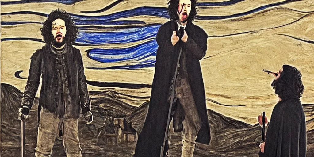 Image similar to john snow in the the scream painting realistic view