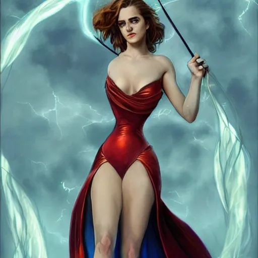 Image similar to emma watson as jessica rabbit, wand with crackling blue lightning, fantasy, intricate, elegant, highly detailed, digital painting, artstation, concept art, matte, sharp focus, illustration, in the style of magic the gathering, art by artgerm and greg rutkowski and alphonse mucha