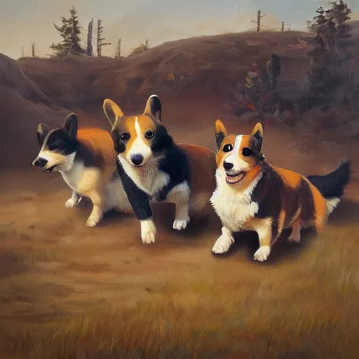Image similar to “ corgi stampede on the frontier, cowboy, oil painting ”