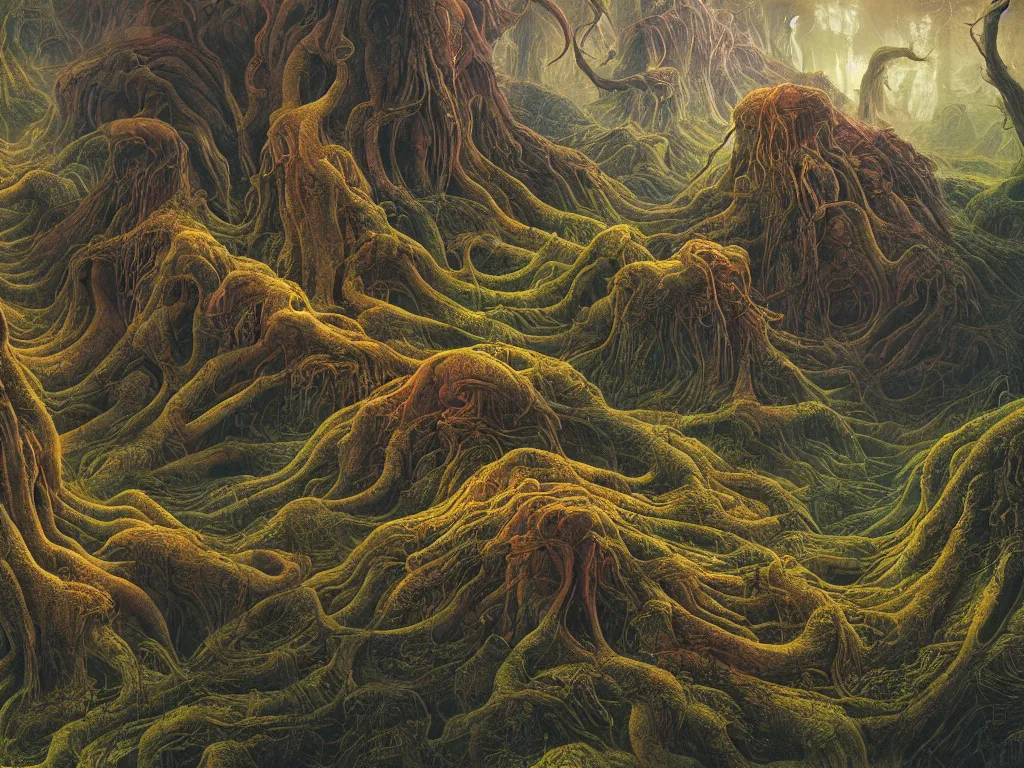 Prompt: an alien forest and hills landscape, fluid, smooth, bright colours, high contrast, sharpness, beautiful, peaceful, very detailed, intricate, volumetric lighting, by giger and corben and moebius and beksinski and bosch and bacon