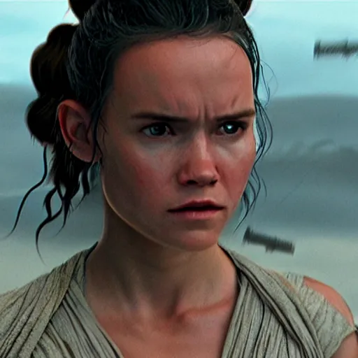 Image similar to a film still of rey skywalker in star wars realistic, detailed