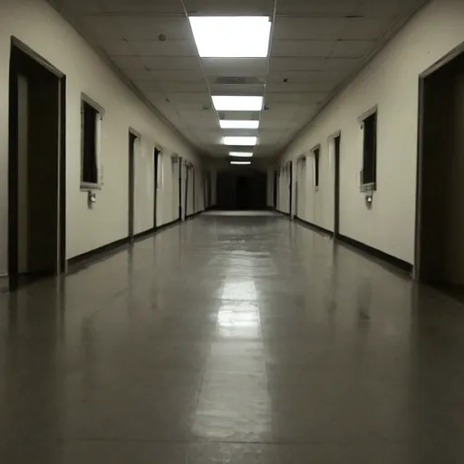 Prompt: a dark figure at the end of a creepy empty office hallway. craigslist photo