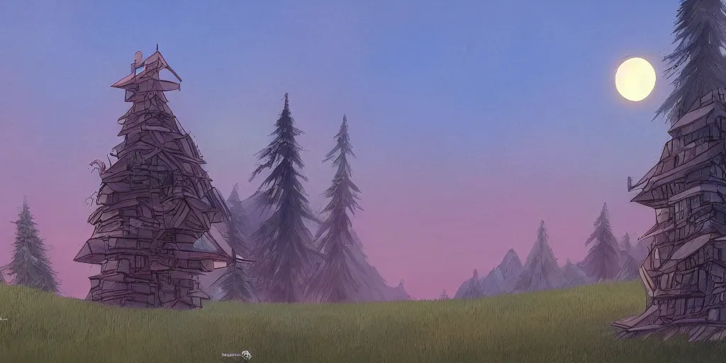 Prompt: dawn behind a very high tower made of wood, on the top of a summer hill, forest, painted by miyazaki, ghibli, artstation