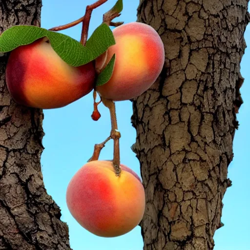 Prompt: a new fruit that us a mix of a fig a peach and a strawberry hangs on a tree