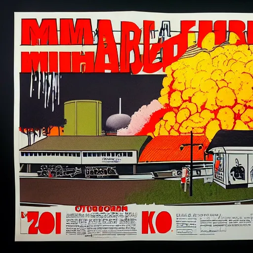 Image similar to A 1980s poster of a hawker centre and mushroom cloud