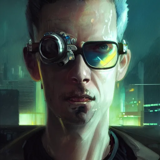 Prompt: cyberpunk, closeup portrait of a washed up cyberpunk hacker, dramatic light, city background, sunset, dystopian setting, high contrast, sharp, neuromancer, henry dorsett case, painted by stanley lau, painted by greg rutkowski, painted by stanley artgerm, digital art, trending on artstation