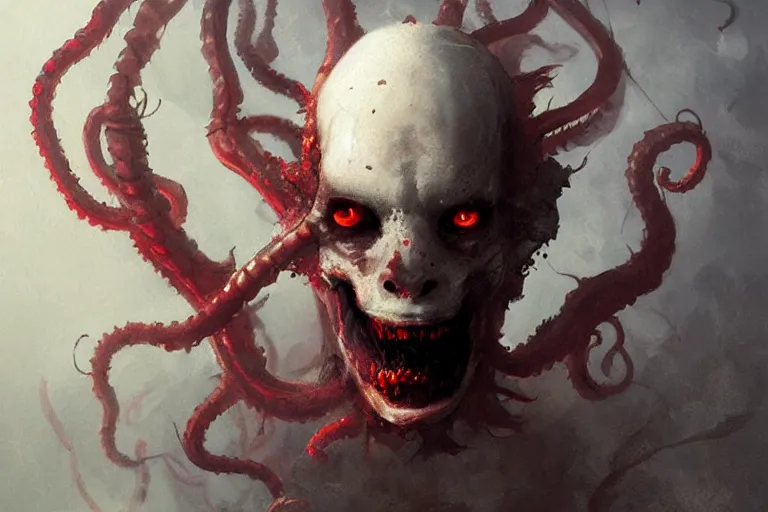 Image similar to painting by greg rutkowski of a flying human head and face that is chalk white in color, with tentacles coming of the neck, red eyes, flying in a terrying hell like cavernous place