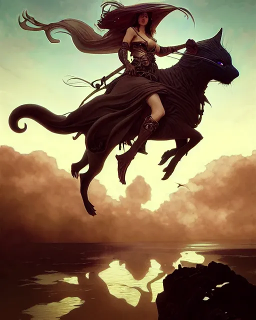 Image similar to the sorceress rides towards the horizon upon a really large and fat cat, dnd fantasy art, intricate, elegant, highly detailed, digital painting, artstation, sharp focus, illustration, art by wlop, mars ravelo and greg rutkowski, art by brom, artgerm and alphonse mucha, 8 k, highly detailed