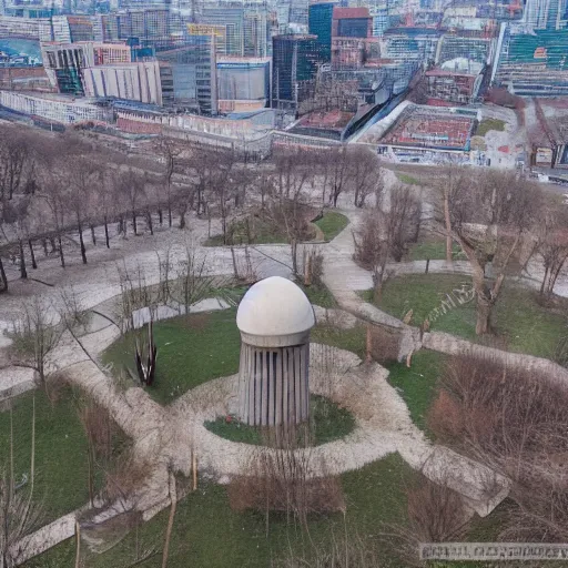 Prompt: aerial view of brutalist monument ( ( ( ( park ) ) ) ) spomenik, ( ( ( railings ) ) ), photo, 4 k