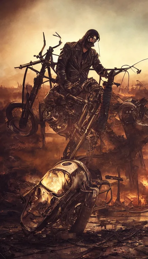 Prompt: post apocalyptic, biker with helmet in front of crashed airplane burning, photorealistic, ultra realistic, concept art, intricate details, photorealistic, octane render, 8 k, unreal engine. retro film still, heavy grain, 3 5 mm, art by artgerm and greg rutkowski and alphonse mucha