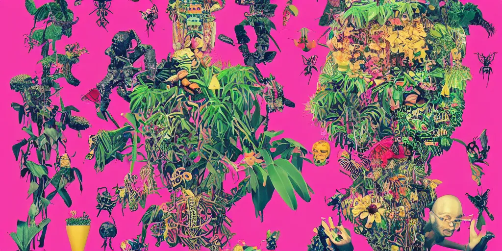 Image similar to gigantic head floating above huge insects, tiny robots, a lot of exotic flowers and plants, risograph!!!, flat surreal design, super - detailed, a lot of tiny details, fullshot, by luigi serafini