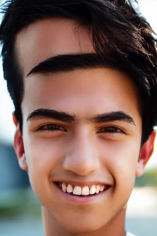 Image similar to close up headshot of an androgynous Hispanic teen boy with medium length slightly wavy black hair a wide smile brown eyes a small nose tidy plucked eyebrows dark brown eyes and a diamond shaped face, high resolution film still, 8k, HDR color