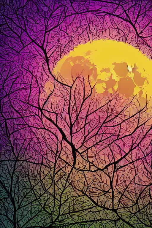 Image similar to close up portrait of the full big moon in a forest, colorful vector graphic, .eps, .ai, Adobe Illustrator, clear lines and clear shapes, intricate, 8k highly professionally detailed, HDR, CGsociety