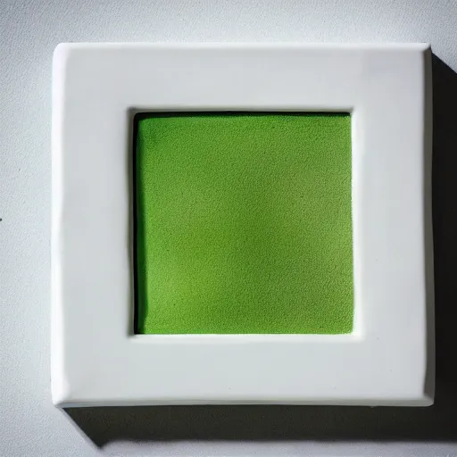 Prompt: a ceramic sculpture of some kind of plant in a square frame on a white surface with a white wall behind it and a green plant in the center