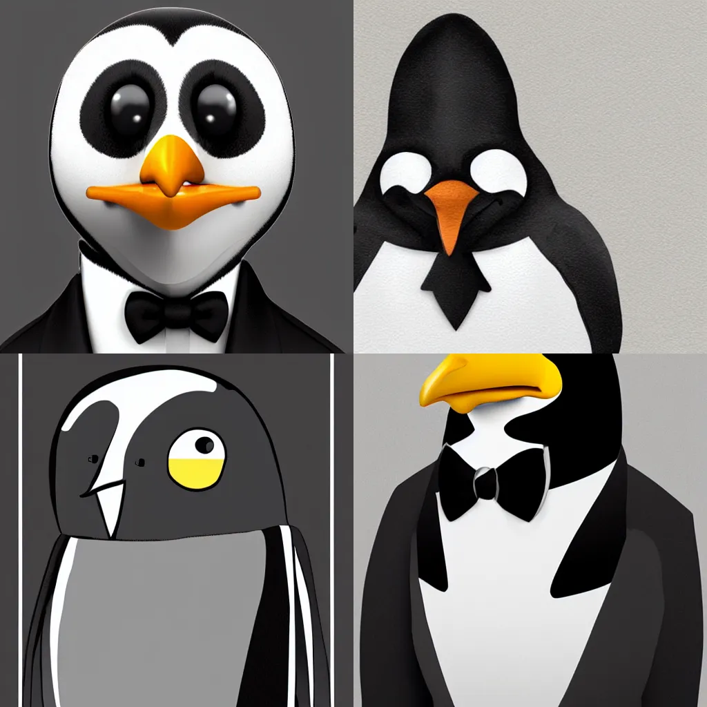 Prompt: penguin wearing a tuxedo, portrait stylized digital art trending on artstation