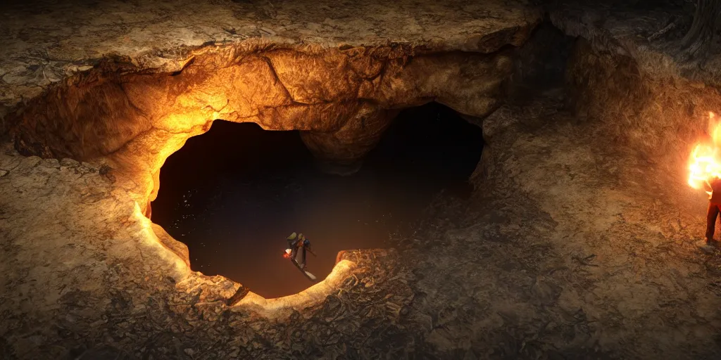 Prompt: male with a torch illuminating a giant abyss hole, nature around the hole, unreal engine 5, intricate details, relaxed