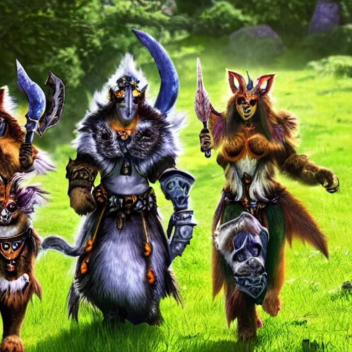 Prompt: A pack of world of warcraft feral druids roaming the british countryside