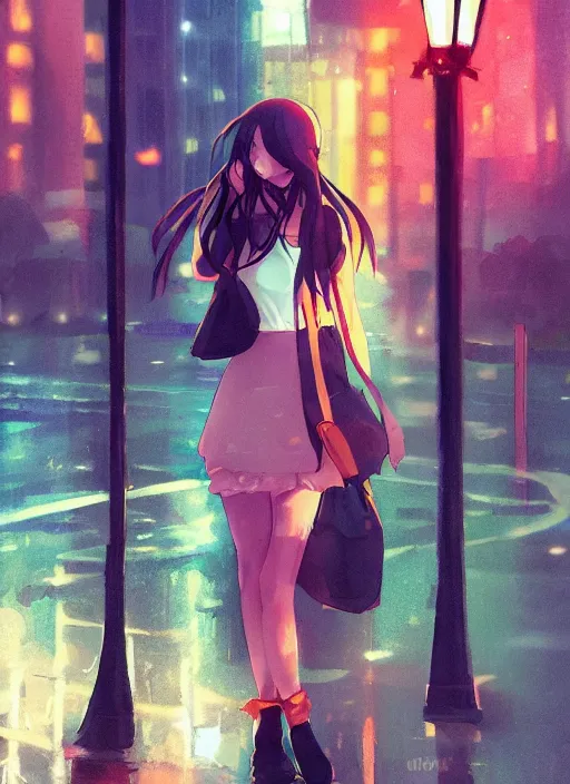 Image similar to listening to music at 2 am, night, pretty girl, pose, rain, lofi, lofi, peaceful, street light, anime key visual, poster, street wears, anime, by rossdraws, high quality, 4 k, trending, trending on artstation