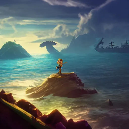 Image similar to link standing on an island ready for battle, a large detailed pirate ship is in the water in the distance, dramatic lighting, diffused light, haze, lens flare, detailed wind waker concept art, 8 k, trending on artstation