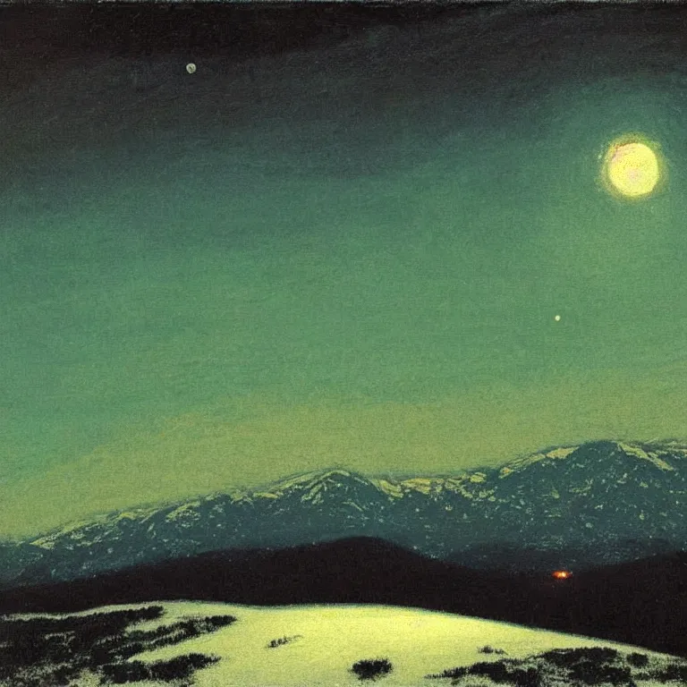 Image similar to new hampshire, mountains, winter, night, moon light, luminous, teal palette, arkhip kuindzhi, glaze oil painting