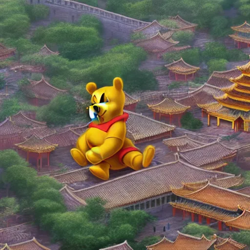 Image similar to winnie the pooh explores the forbidden city in china, award winning photography, extremely detailed artstation 8 k sensual lighting epic composition, weta pixar disney