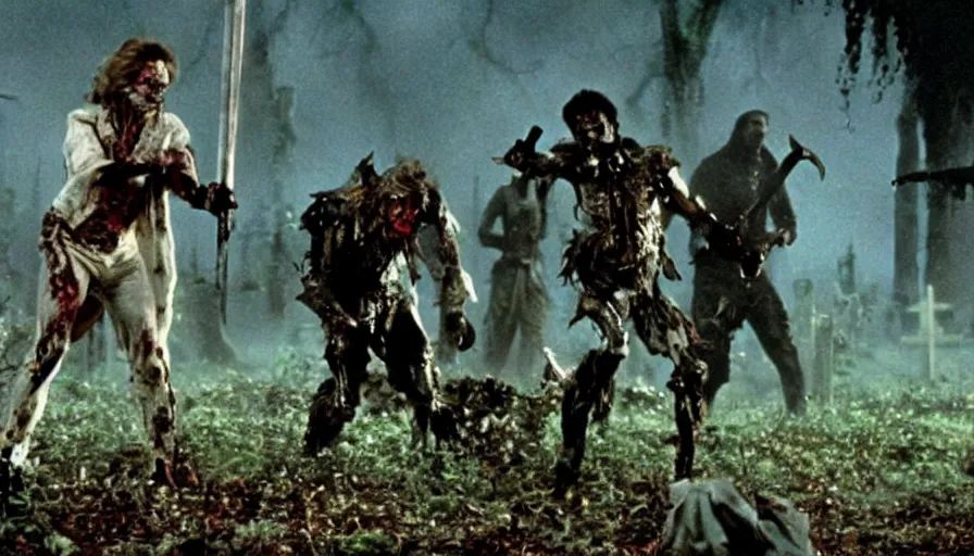 Prompt: 80s movie by James Cameron about a overgrown cemetery where a lavishly dressed necromancer priest has a sword fight with a cyborg zombie