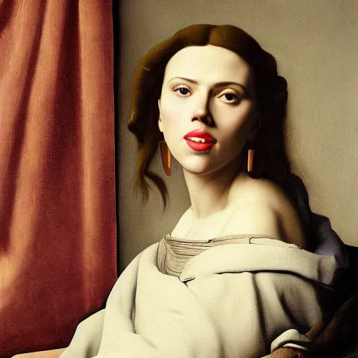 Image similar to A portrait of Scarlett Johansson painted by Johannes Vermeer