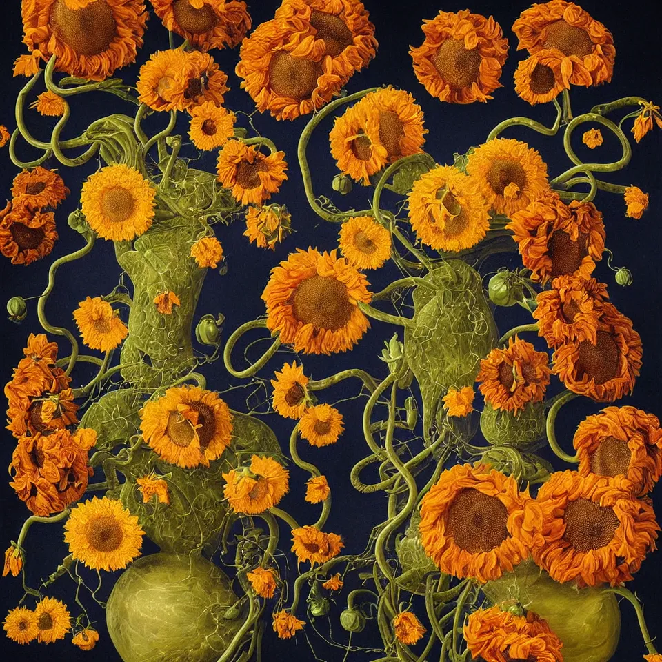 Prompt: dutch golden age bizarre sunflower portrait made from flower floral still life with many blue eyes very detailed nasturtium vines and snakes disturbing fractal forms sprouting up everywhere by rachel ruysch black background chiaroscuro dramatic lighting perfect composition high definition 8 k oil painting with black background by christian rex van dali todd schorr of a chiaroscuro portrait recursive masterpiece