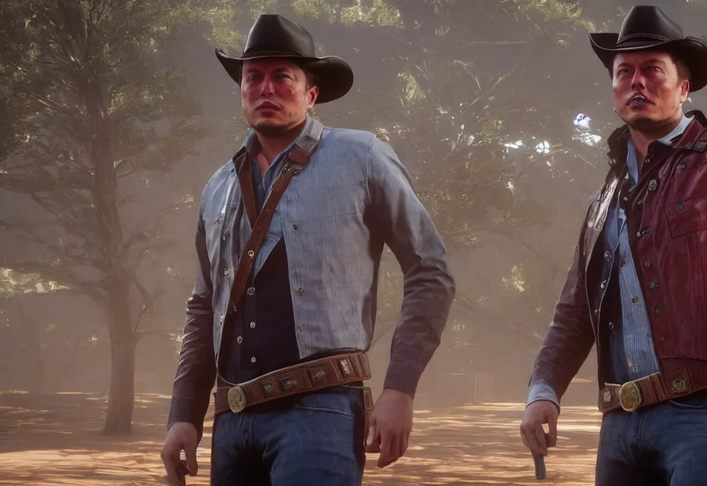 Image similar to elon musk in the red dead redemption 2, elon musk in the video game red dead redemption 2, gameplay screenshot, close up, 3 d rendering. unreal engine. amazing likeness. very detailed.