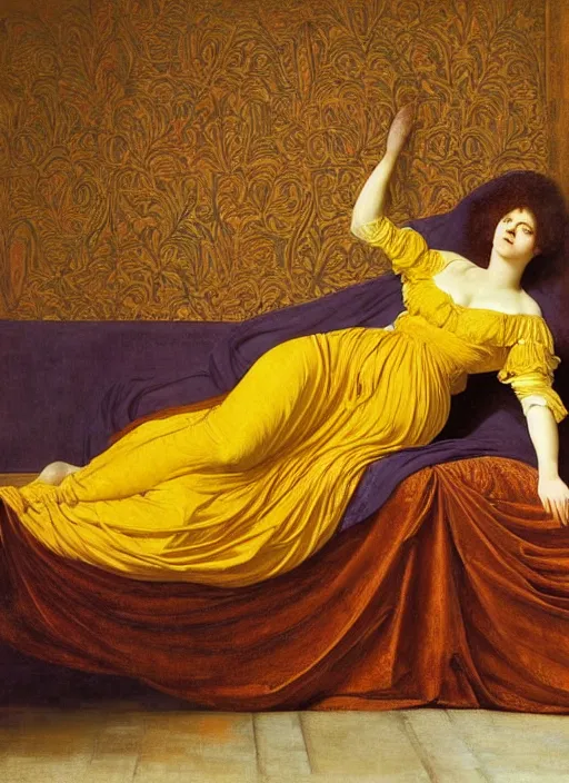 Prompt: masterpiece portrait of lady reclining on bed, draping flowing raising twisting rising sheets floating in wind flying, wearing yellow ochre ornate medieval dress, vertical, foreshortening, colour photography by frederic leighton, william morris, 8 k
