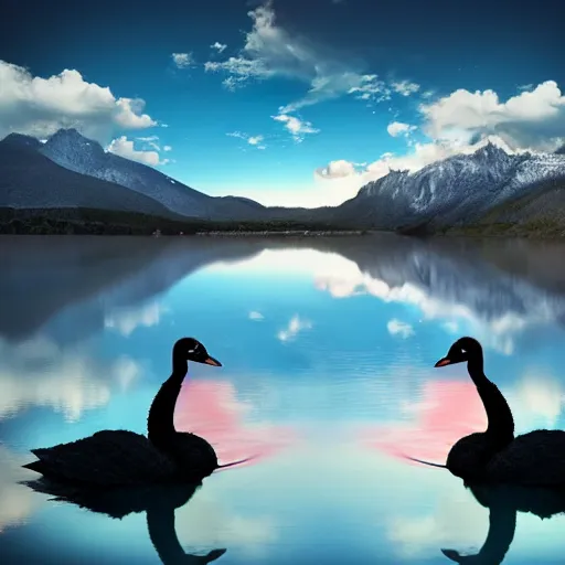 Image similar to photo of two black swans swimming in a beautiful reflective mountain lake, touching heads, forming a heart with their necks, a colorful hot air balloon is flying above the swans, hot air balloon, intricate, 8k highly professionally detailed, HDR, CGsociety