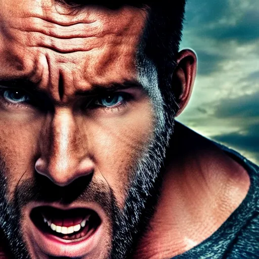 Image similar to Ryan Reynolds as Wolverine, movie still, cinematic lighting, epic action shot, aggressive