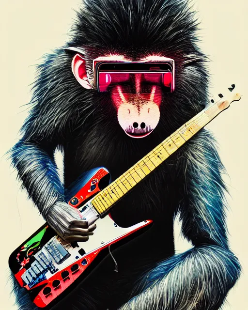 Image similar to a portrait of an anthropomorphic cyberpunk baboon shredding an electric guitar by sandra chevrier, by jon foster, detailed render, tape deck, epic composition, cybernetics, 4 k realistic, cryengine, realistic shaded lighting, sharp focus, masterpiece, by enki bilal