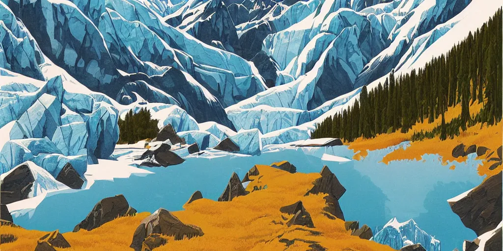 Prompt: beautiful idyllic poster illustration for a craggy ice glacier valley national park by ludwig hohlwein, ludwig hohlwein, graphic, clean bold design