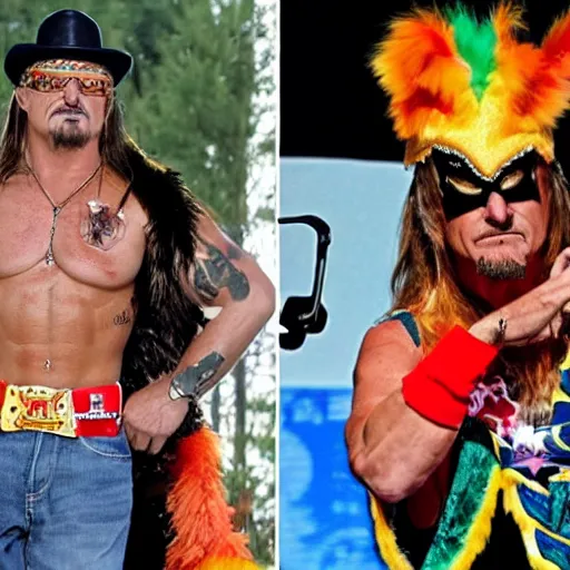 Image similar to Kid Rock wearing an eagle costume supplexing President Biden dressed like the Ultimate Warrior