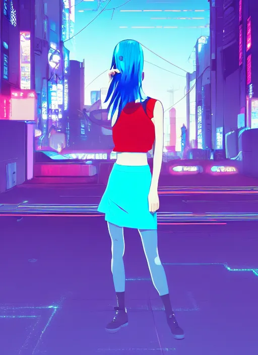 Image similar to digital illustration of cyberpunk pretty girl with blue hair, wearing a crop top and a skirt, full body pose, in city street at night, by makoto shinkai, ilya kuvshinov, lois van baarle, rossdraws, basquiat