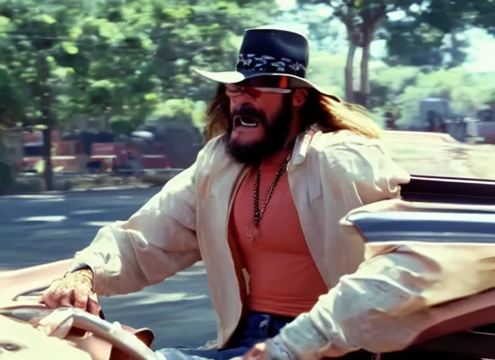 Prompt: macho man randy savage driving a shopping cart, movie still, from the new fast and furious movie, 8 k, realistic