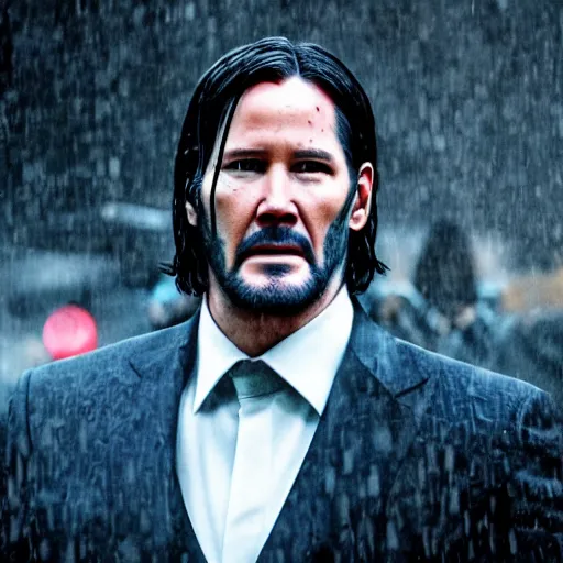 Image similar to john wick looking at thanos, rainy day, volumetric lighting, sharp focus