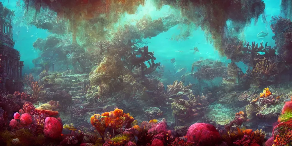 Image similar to an ancient sunken temple structure, overgrown, mystical underwater shot, colorful coral reef, filtered diffraction lighting, fantasy digital art, trending on artstation