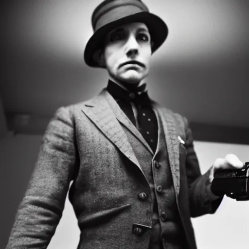 Prompt: Photograph of a man with a stern look dressed in a 1920s attire. He is pointing a gun and seems mentally unstable. 4K, dramatic lighting