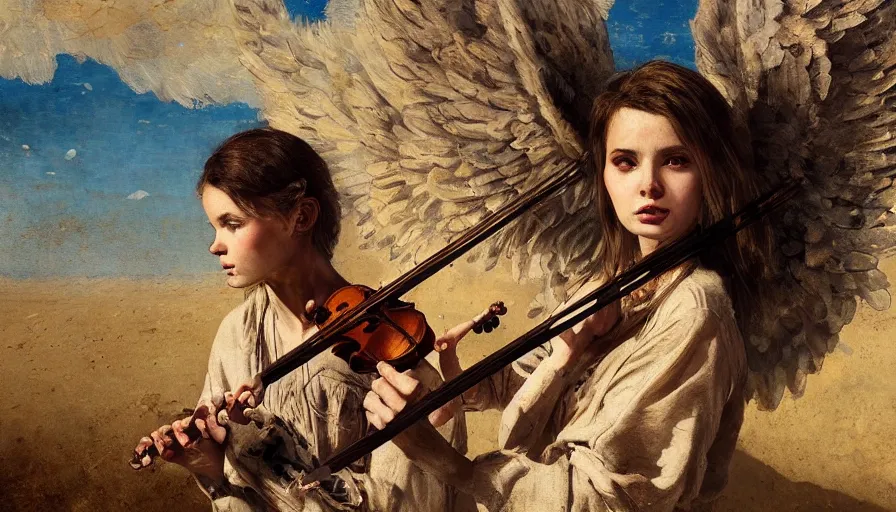 Image similar to angel with wings alone playing on a violin in the desert, oriental painting, sunny morning, russian oil painting, serov, surikov, vasnetsov, repin, kramskoi, paint texture, uplight, insanely detailed and intricate, high resolution, Charlie Bowater, Tom Bagshaw, Norman Rockwell, octane rendered, unreal engine, illustration, trending on artstation, masterpiece, 8k