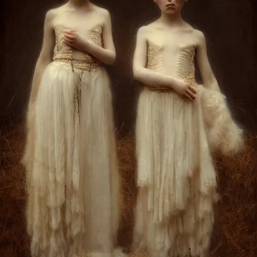 Prompt: a very beautiful full body portrait of sisters by charles amable lenoir, queen of bones, white braids, decaying face, dress made of bones, jewellery, highly detailed, sharp focus, award winning art, soft lighting, trending on artstation