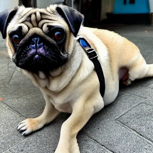 Image similar to a pug whose legs have been replaced with human legs, photo