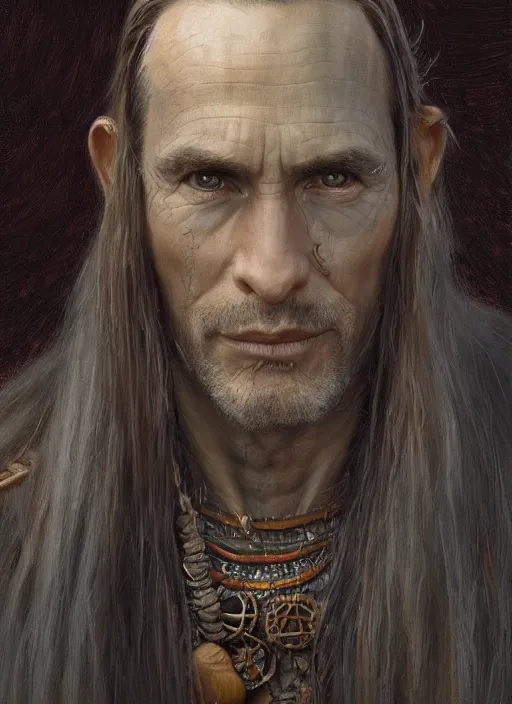 Image similar to a shaman in his late twenties with long light brown hair tied back, a large forehead, a widows peak and a round face with high cheekbones as a realistic d & d fantasy character, portrait art by donato giancola and greg rutkowski, vintage retro, realistic face, digital art, trending on artstation